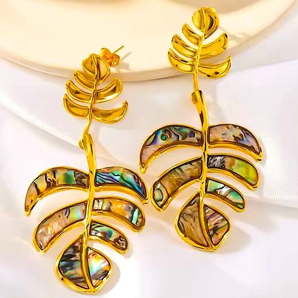 Boho Gold Iridescent Leaf Earrings Stainless Steel Gold Plated - Picture 9 of 11